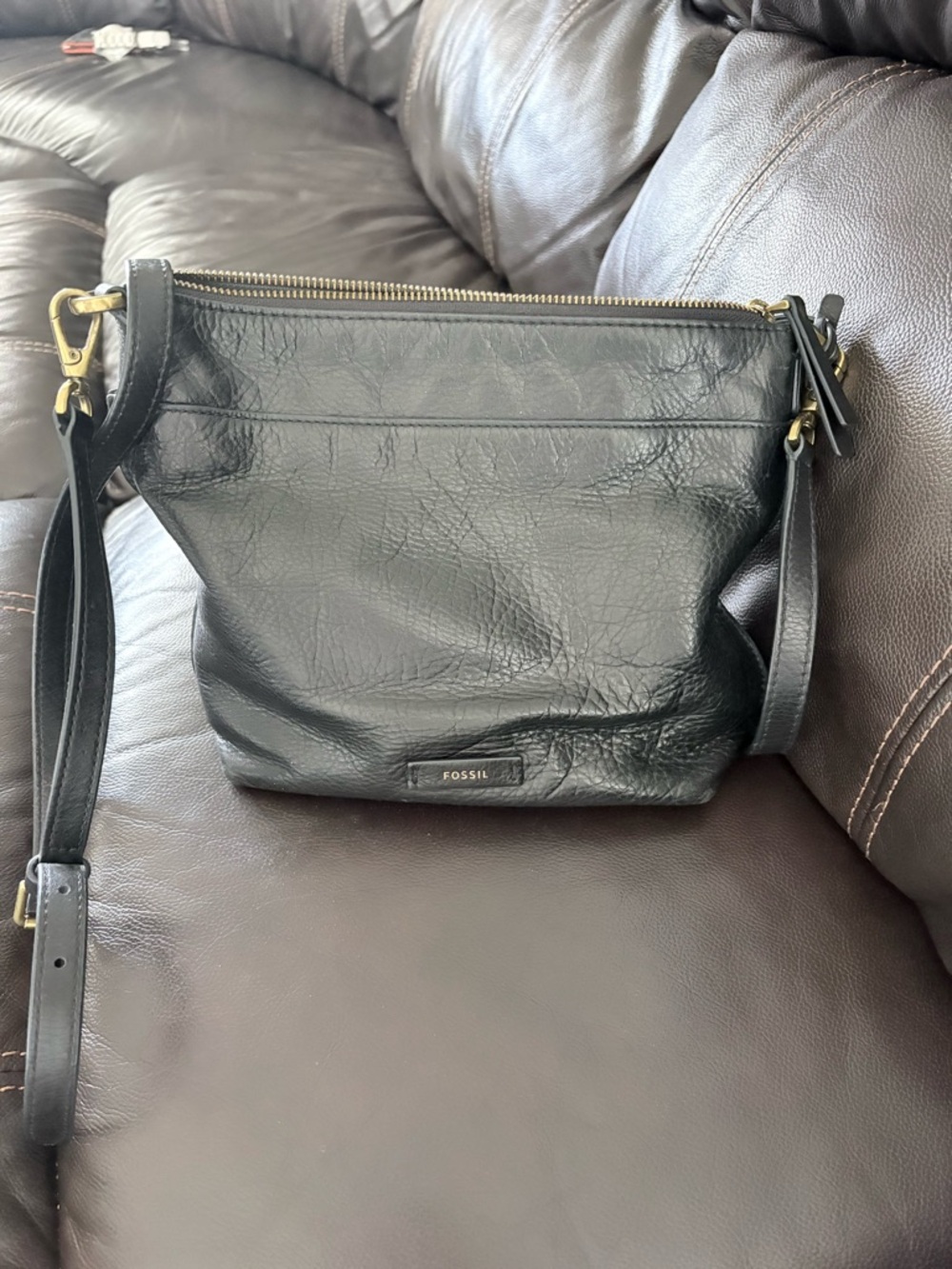 Fossil Black Leather Adjustable Crossbody Bag